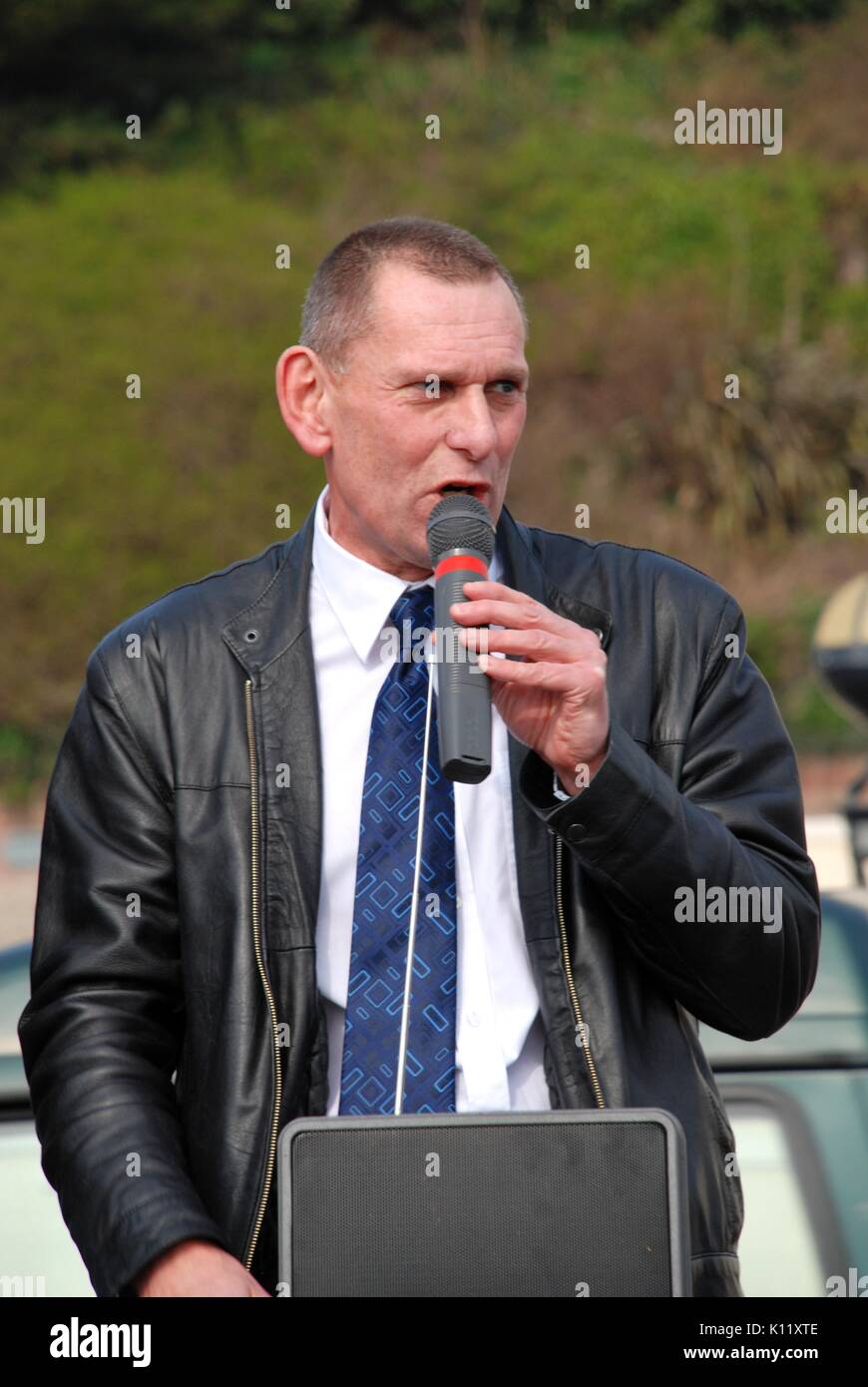 Councillor Jeremy Birch, Leader of Hastings Borough Council, speaks at a fund raising event for the pier at Hastings, England on March 12, 2011. Stock Photo