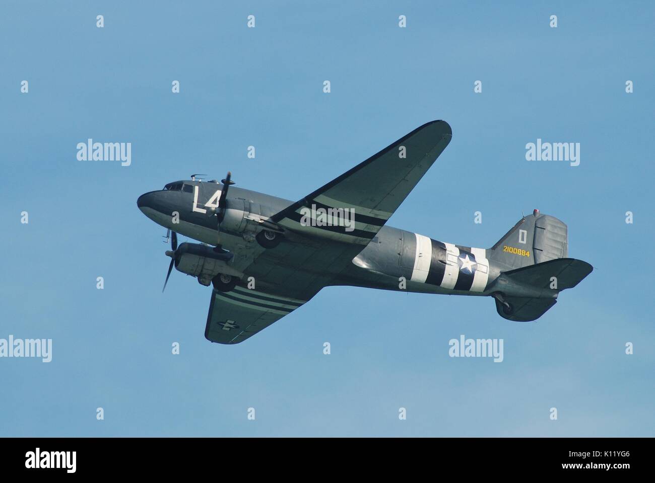 Douglas C-47A Dakota, 2100884, displays at the Airbourne airshow in Eastbourne, England on August 11, 2012. The aircraft is in USAF markings. Stock Photo