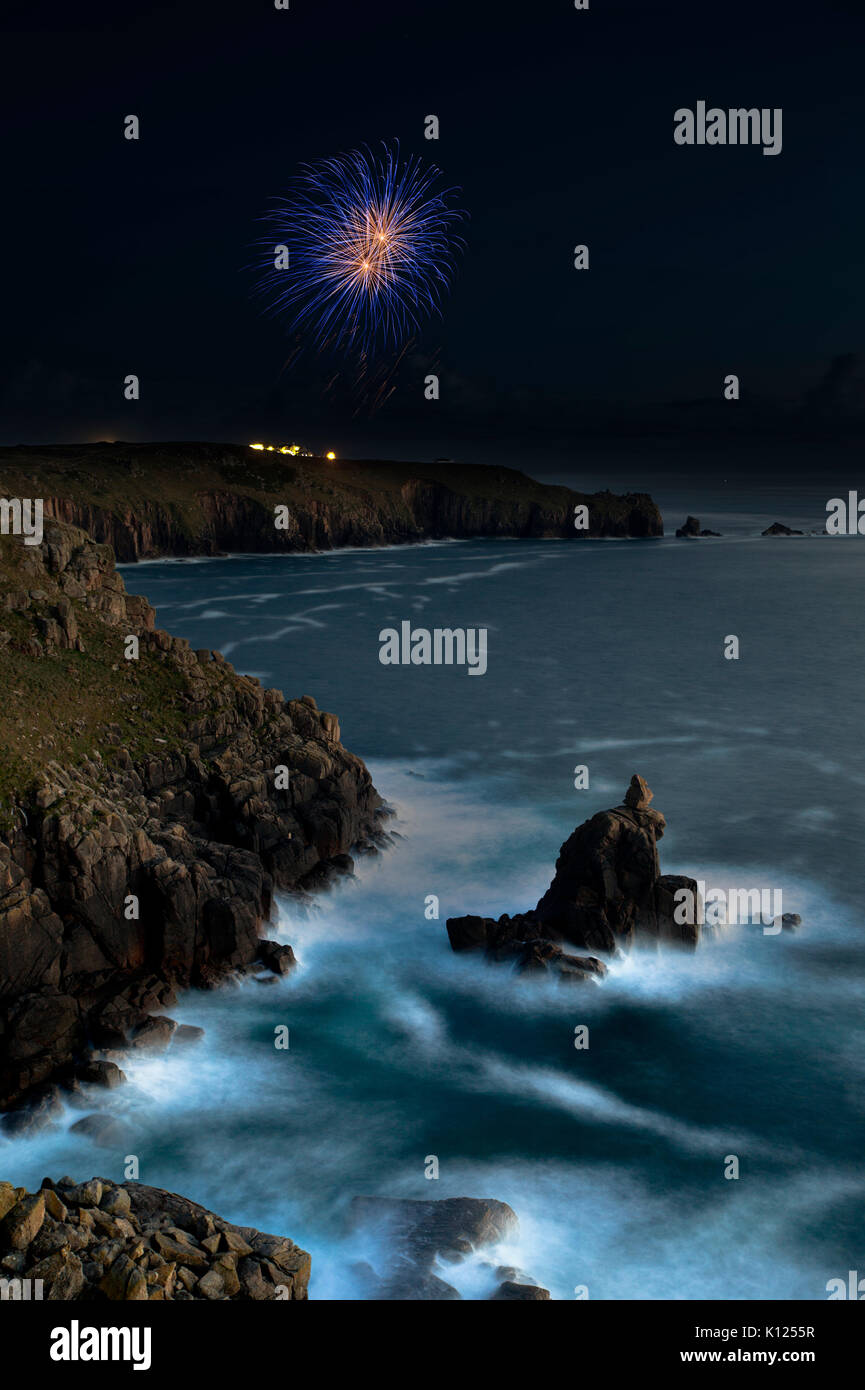 Fireworks over Land's End; Cornwall; UK Stock Photo