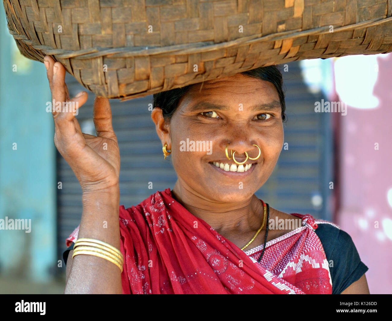 Indian Adivasi woman (Dongria Kondh tribe) with three golden nose rings and golden tribal earrings balances a heavy basket on her head. Stock Photo