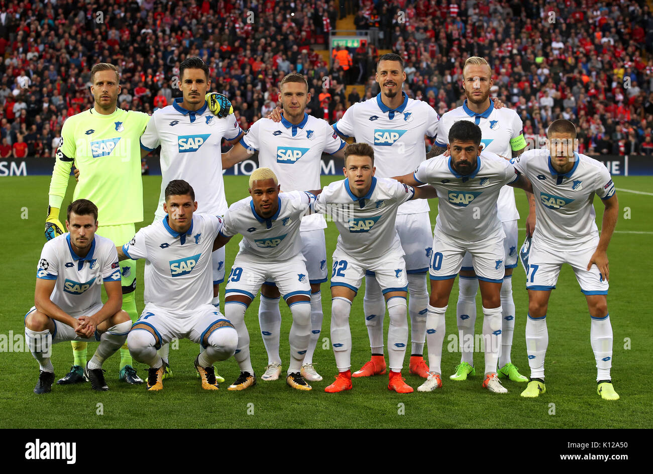 Hoffenheim team group, back row, left to right, Oliver Baumann, Benjamin Hubner, Pavel Kaderabek, Sandro Wagner, Kevin Vogt. Back row, left to right, Havard Nordtveit, Steven Zuber, Serge Gnabry, Dennis Geiger, Kerem Demirbay and Andrej Kramaric before the UEFA Champions League Play-Off, Second Leg match at Anfield, Liverpool Stock Photo