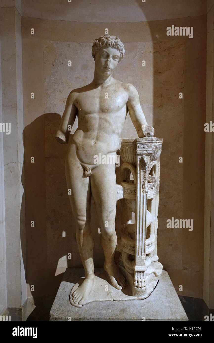 Apollo resting on a tripod, Roman, after a Greek original, 1st century to early 2nd century AD, marble   Wadsworth Atheneum   Hartford, CT   DSC05007 Stock Photo