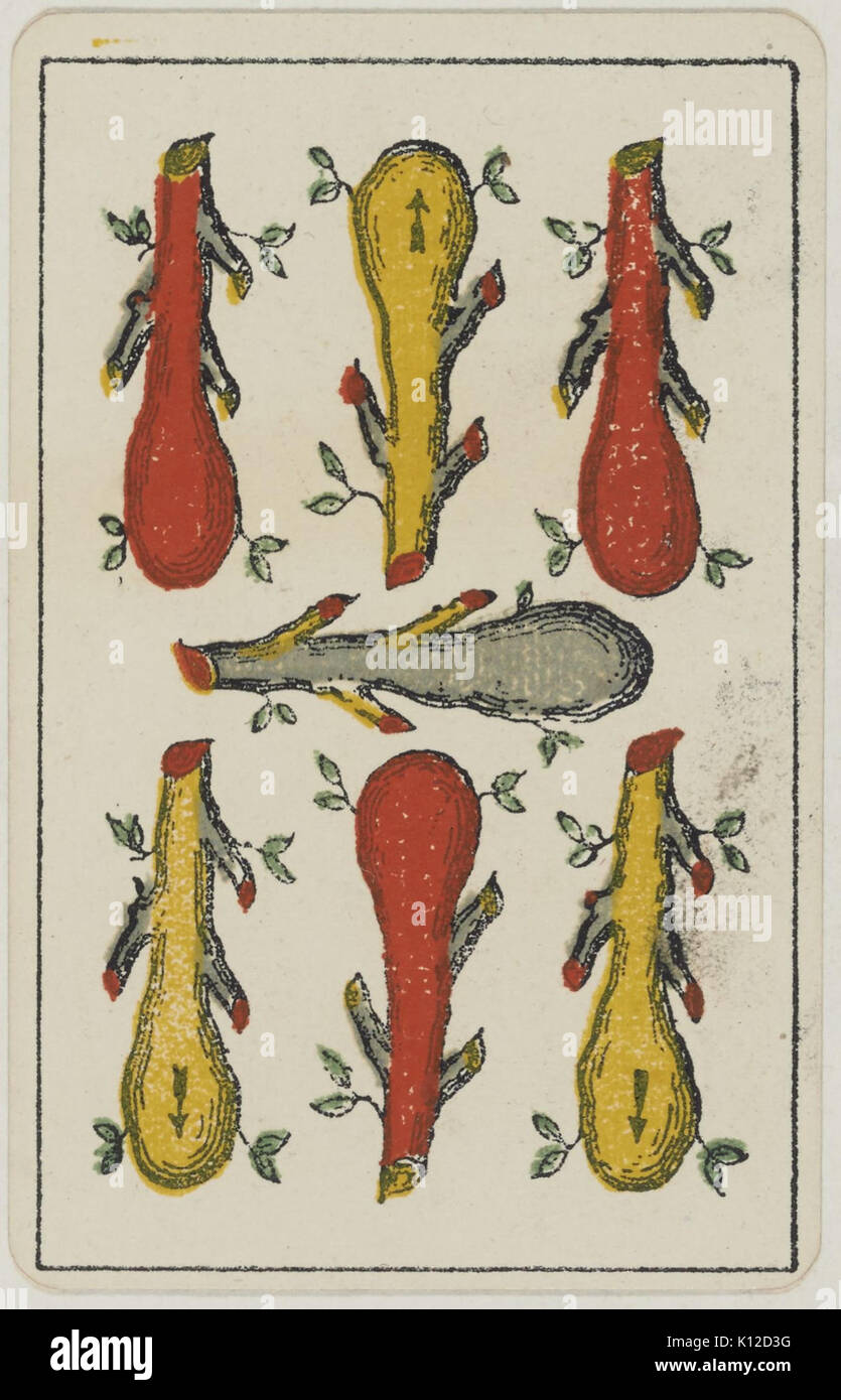 Aluette card deck   Grimaud   1858 1890   Seven of Clubs Stock Photo