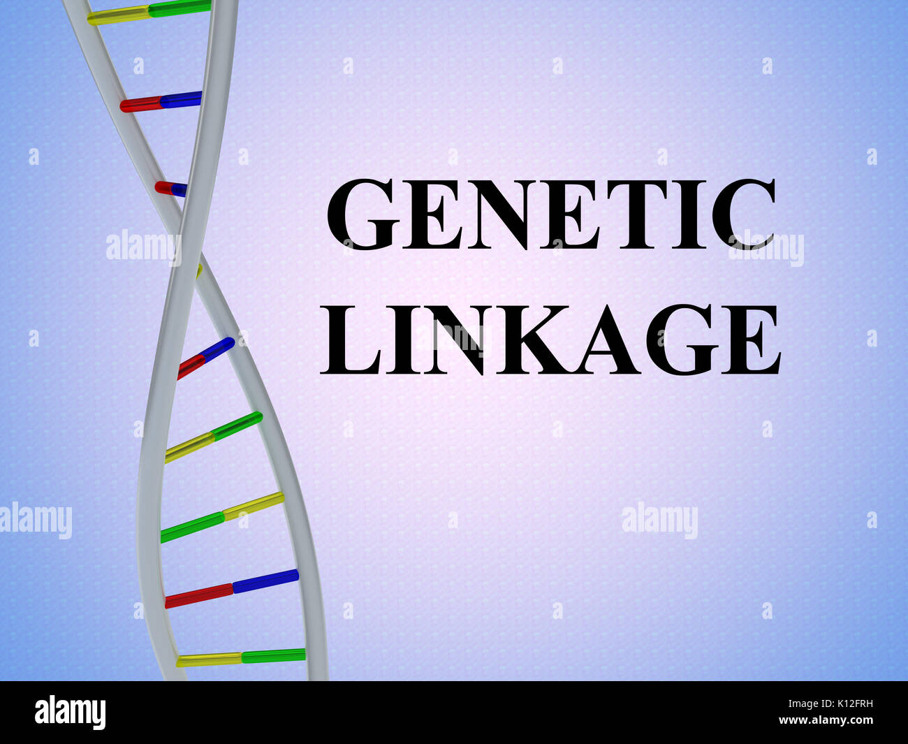 3D illustration of 'GENETIC LINKAGE' script with DNA double helix , isolated on colored pattern. Stock Photo