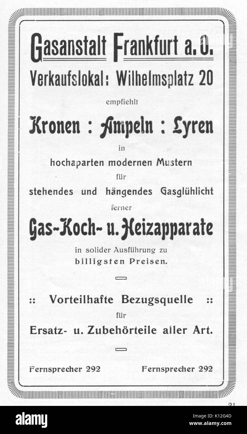 Anzeige Gasanstalt Frankfurt a. O. 1914 Stock Photo