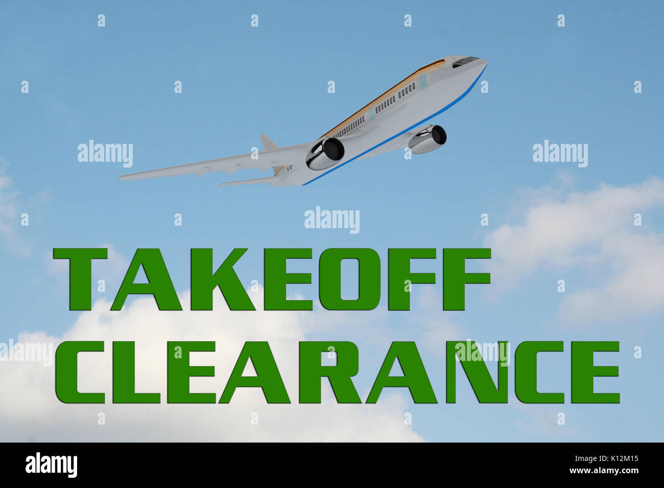 3D illustration of 'TAKEOFF CLEARANCE' title on cloudy sky as a background, under an airplane which is taking off. Stock Photo