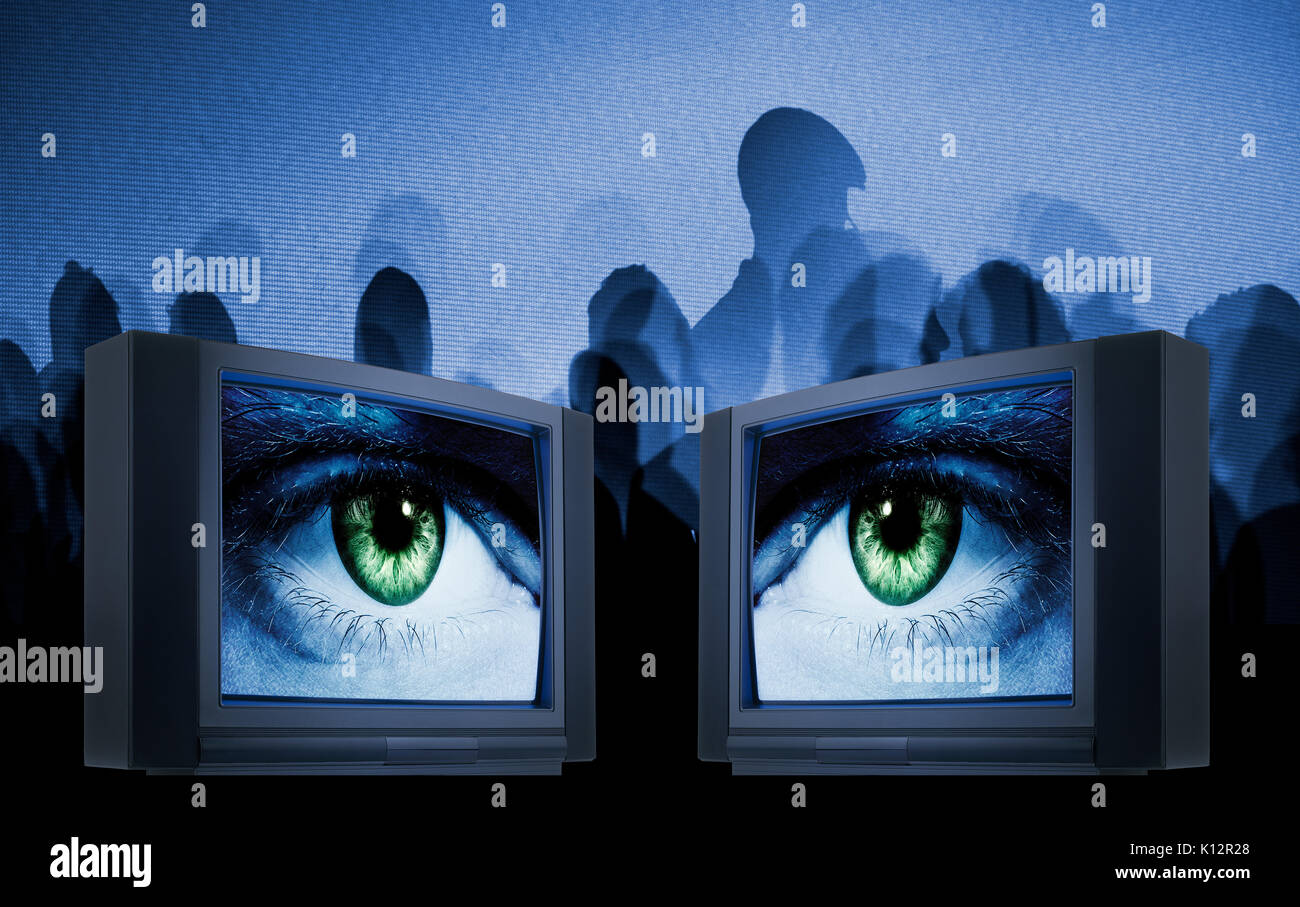 Old fashioned television with green iris eyes against matrix screen Stock Photo