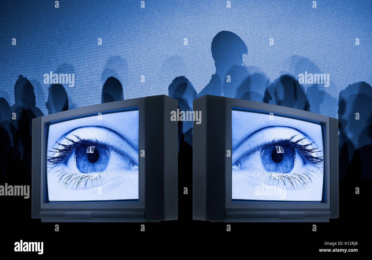 Old fashioned television with female eye against matrix screen Stock Photo