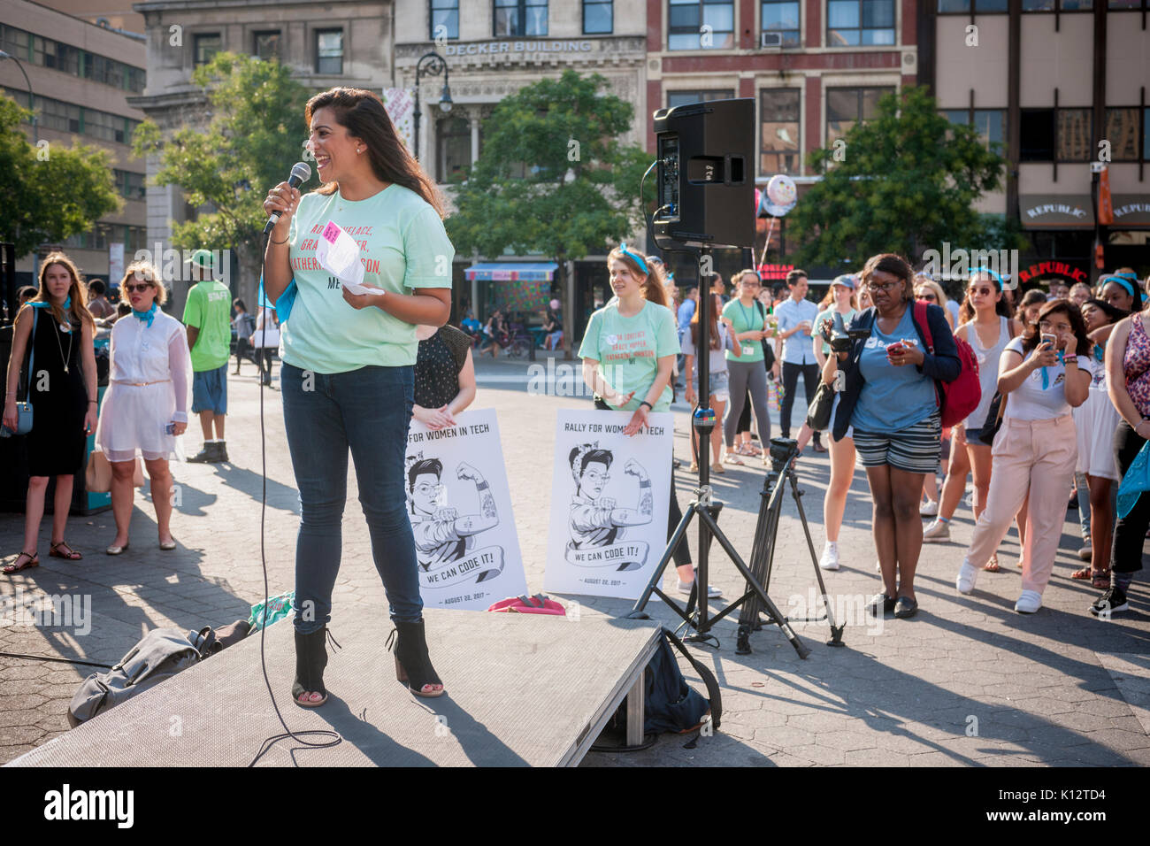 Reshma Saujani speaks at the 'Girls Who Code' rally in Union Square Park in New York on Tuesday, August 22, 2017. Founded by Saujani the group attempts to break the gender gap in technology by introducing young women to tech. The rally is in celebration of the first book in a 13 part series written by Girls Who Code and published by Penguin. (© Richard B. Levine) Stock Photo