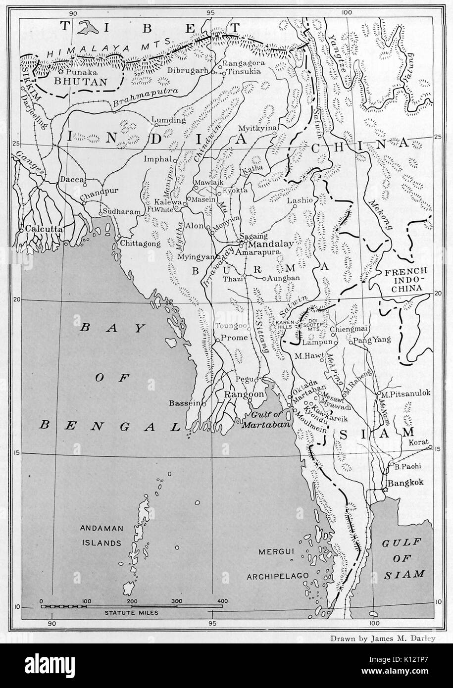Map of Burma (now Myanmar), the Bay of Bengal, Siam (now Thailand), India, China, Tibet, and other areas of Southeast Asia, China, 1922. Stock Photo