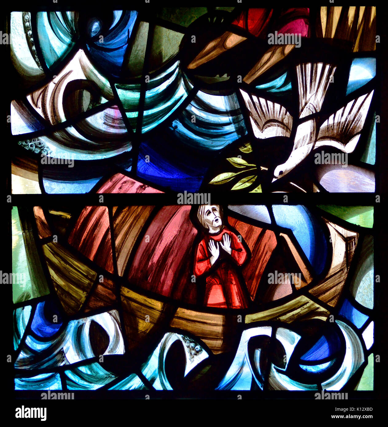 London, England, UK. St Mary Abbots parish church, Kensington. Stained glass window: Noah's Ark Stock Photo