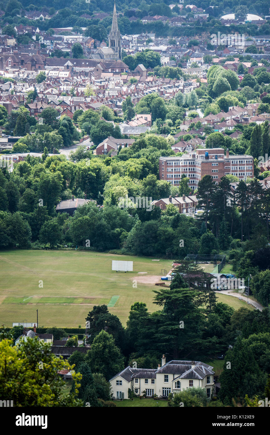 View from on high of Dorking town landscape and cricket ground, taken from Box Hill, Surrey, England, UK. Stock Photo
