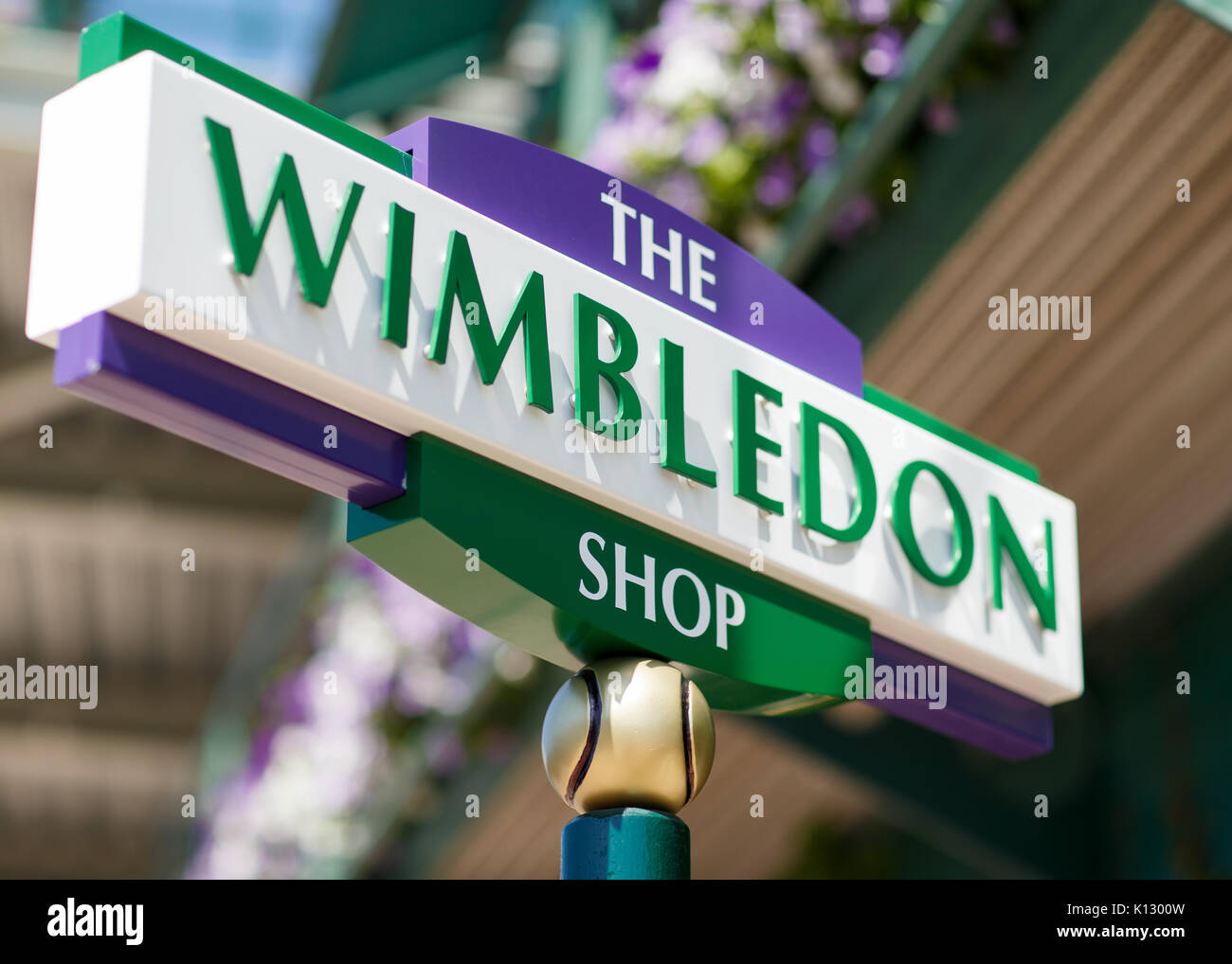 Shop sign by Court 1 at the Wimbledon Championships 2017 Stock Photo