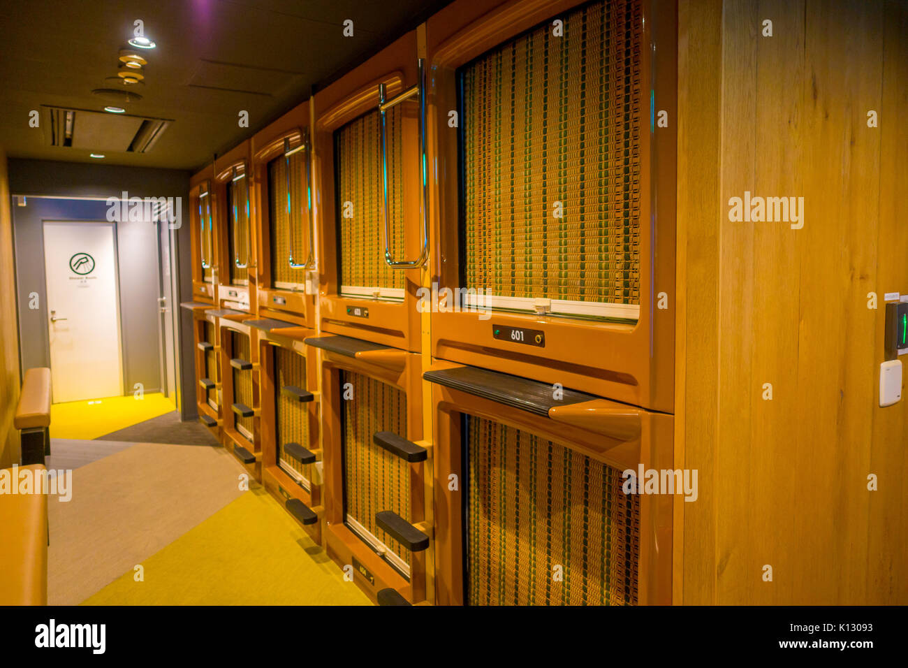 TOKYO, JAPAN JUNE 28 - 2017: Interior view of capsule hotel in city center. Capsule Hotels are less expensive structures very famous in Tokyo Stock Photo