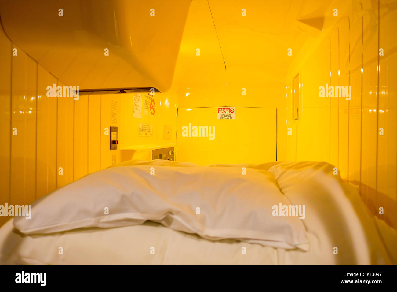 TOKYO, JAPAN JUNE 28 - 2017: Interior view of capsule hotel in city center. Capsule Hotels are less expensive structures very famous in Tokyo Stock Photo