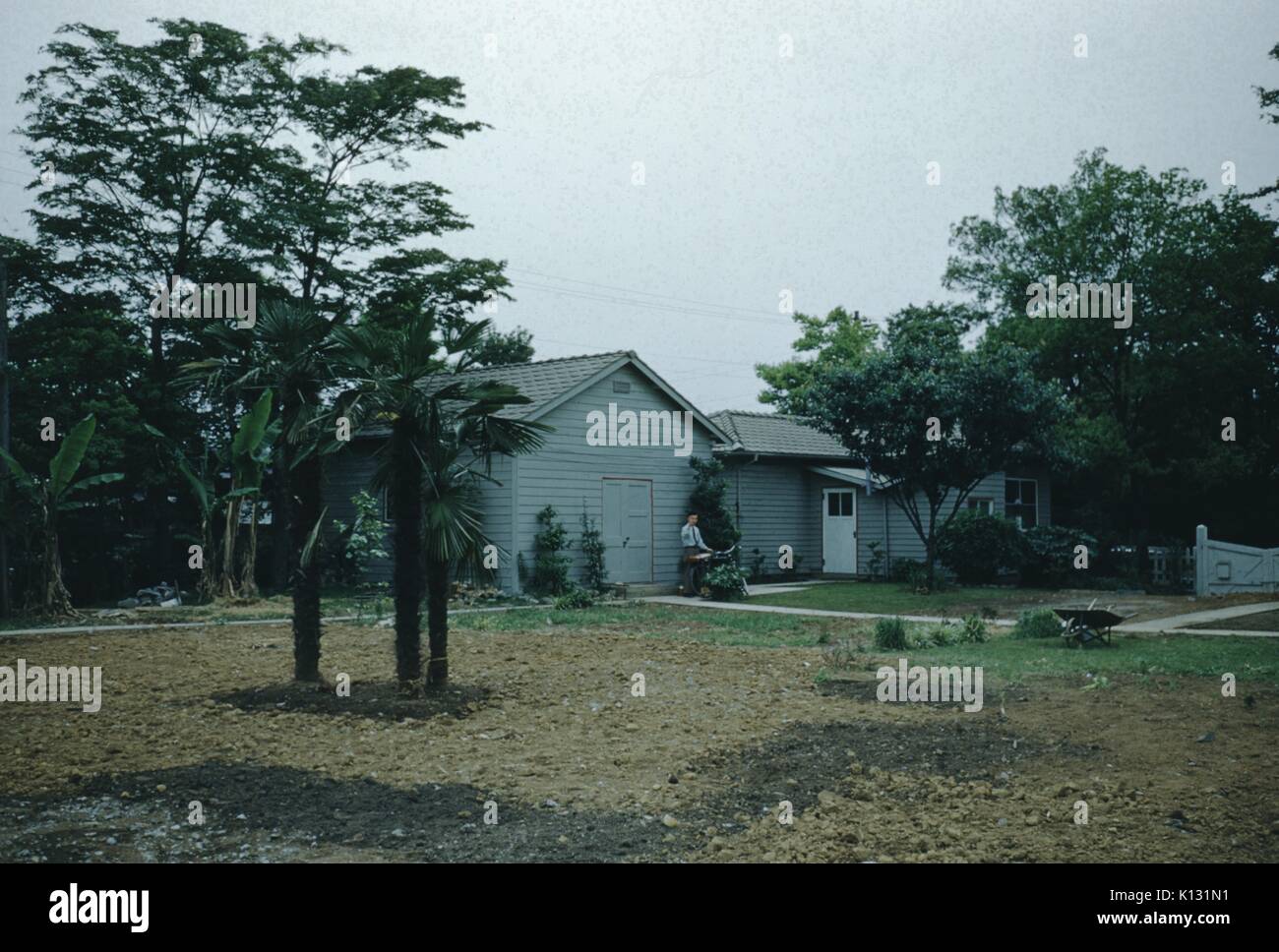 Japanese home, with barren ground in front and trees, man standing in front of the home and gardening, at the Wesleyan Methodist Mission Compound, Japan, 1952. Stock Photo