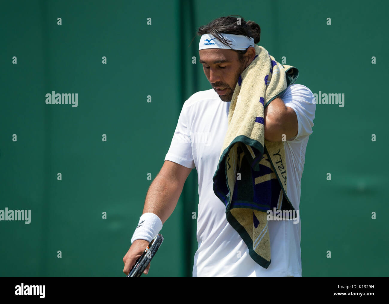 Marcos Baghdatis of Cyprus looks dejected at the Gentlemen's Singles - Wimbledon Championships 2017 Stock Photo