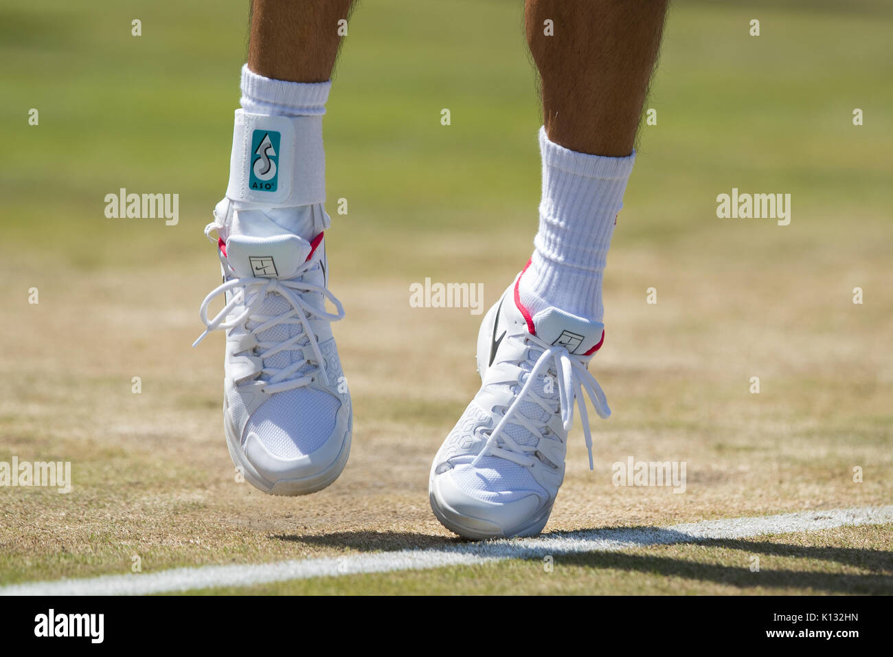 Detail of the shoes of Kei Nishikori of Japan at the Gentlemen's Singles - Wimbledon Championships 2017 Stock Photo