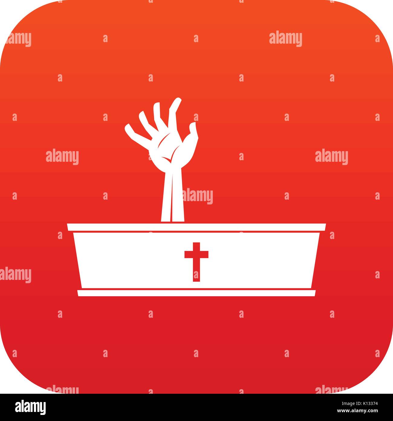 Zombie hand coming out of his coffin icon digital red Stock Vector