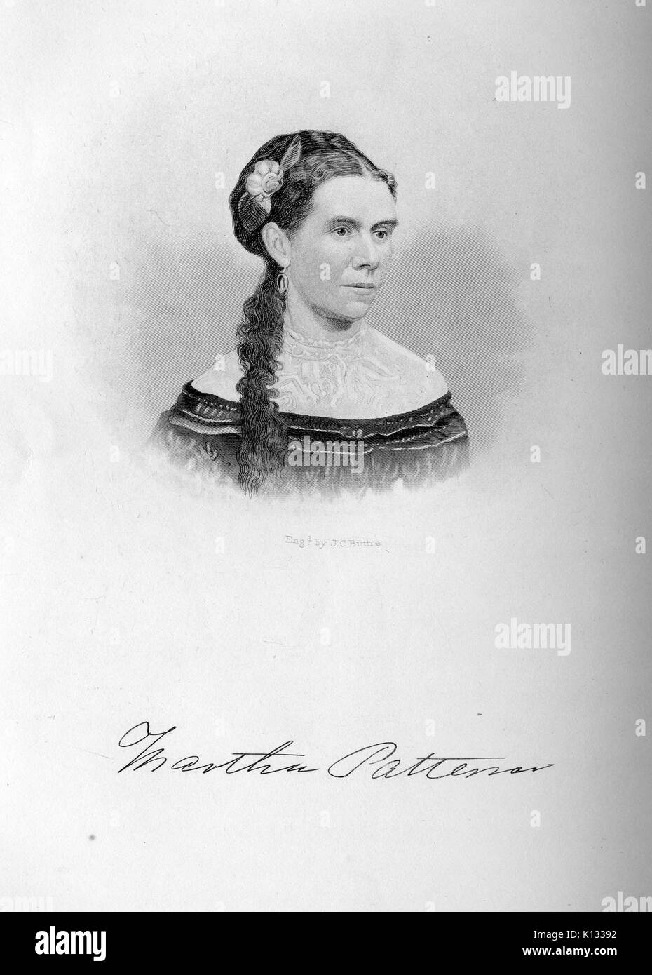 Martha Johnson Patterson, portrait engraving with cursive text, daughter of United States President Andrew Johnson, 1870. Stock Photo