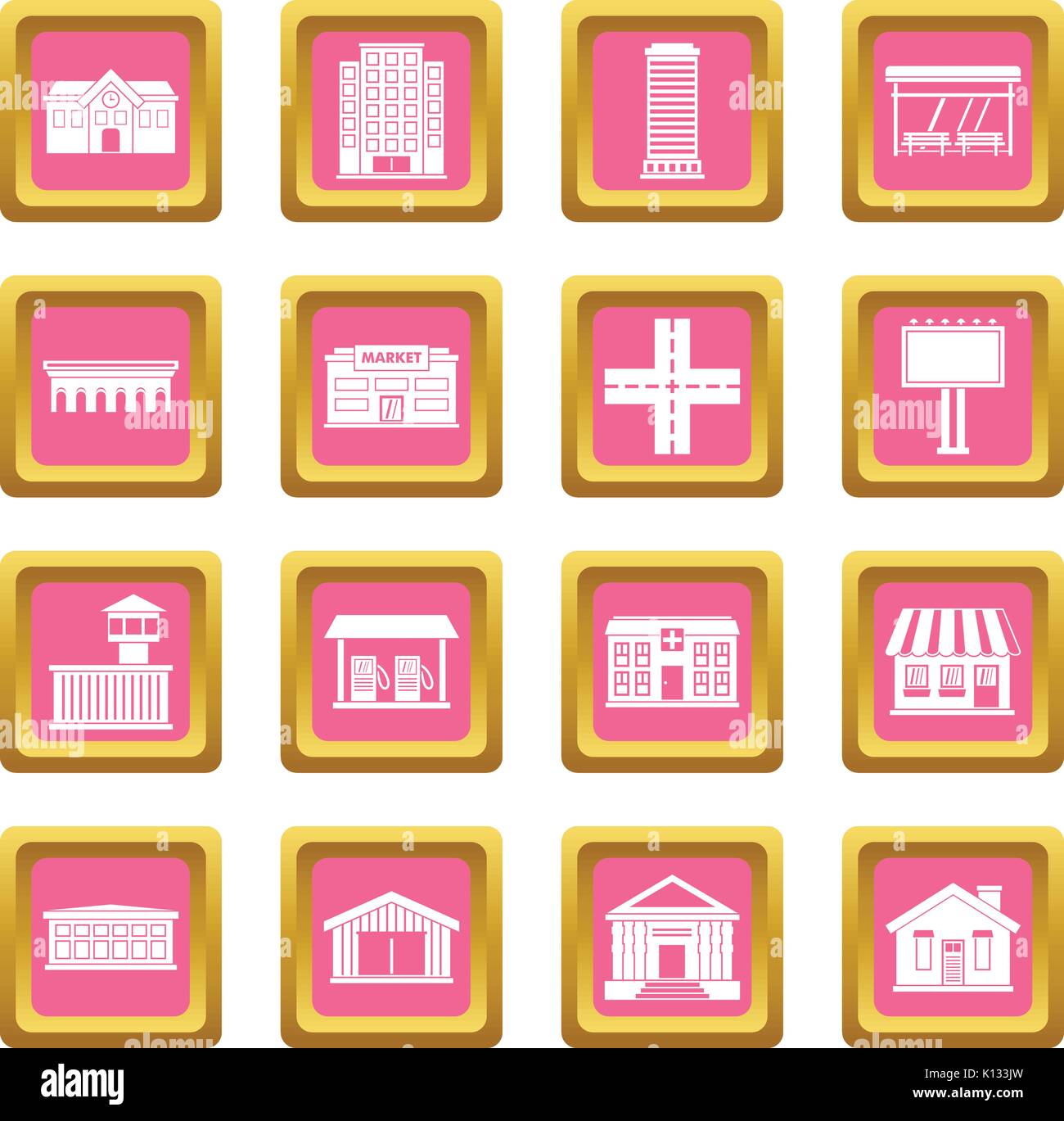 City infrastructure items icons pink Stock Vector