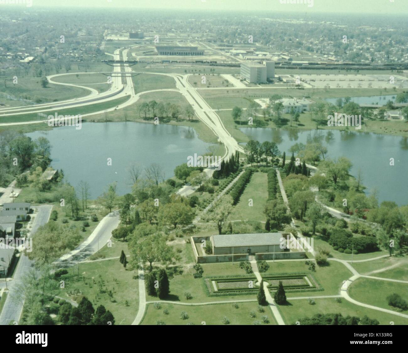 Aerial view of Louisiana capitol building looking East, Baton Rouge, Louisiana, 1967. Stock Photo