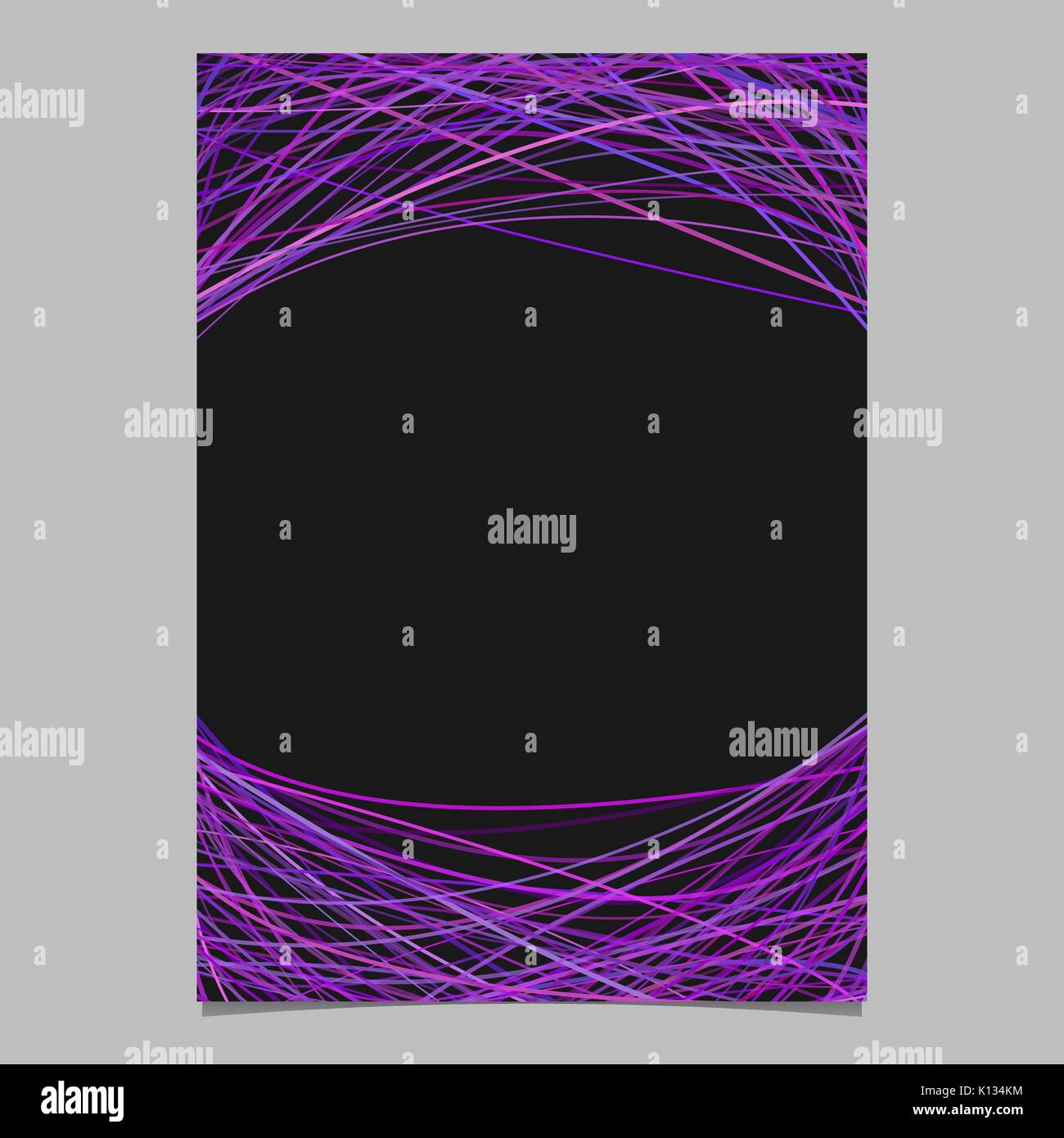 Stationery template with chaotic curved stripes in purple tones at top and bottom - page design on black background Stock Vector