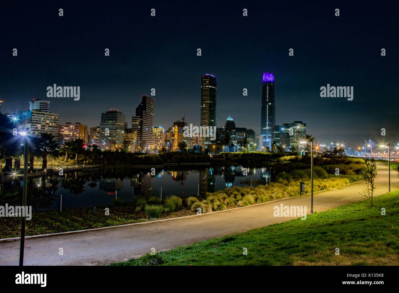 Santiago, Chile skyline at Night from Parque Bicentenario. Stock Photo