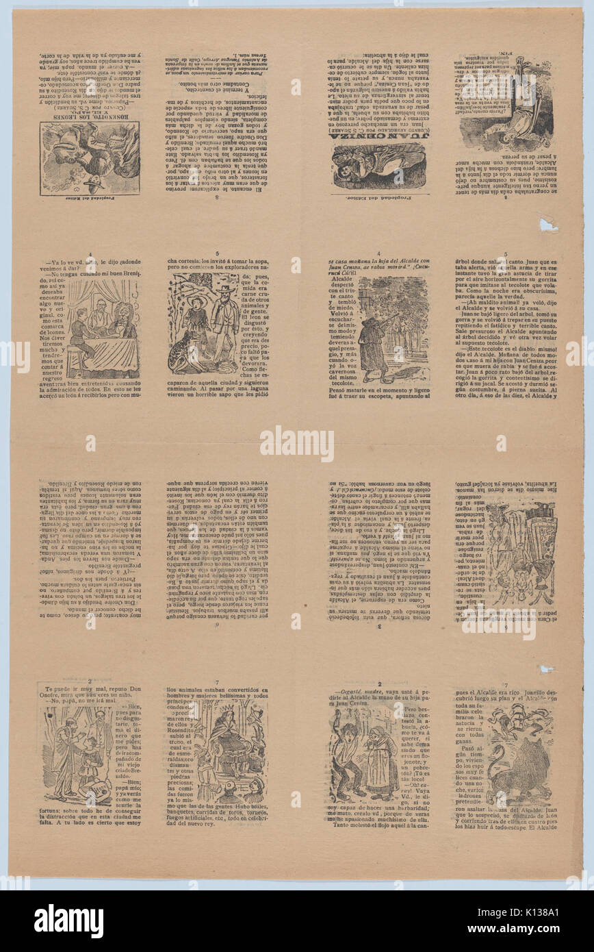 An uncut sheet printed on both sides with pages from 'Juan Ceniza' (cuento arreglado por C. S. Suarez) and 'Rosendito, los leones y el sapo' (cuento por C. S. Suarez) MET DP873188 Stock Photo