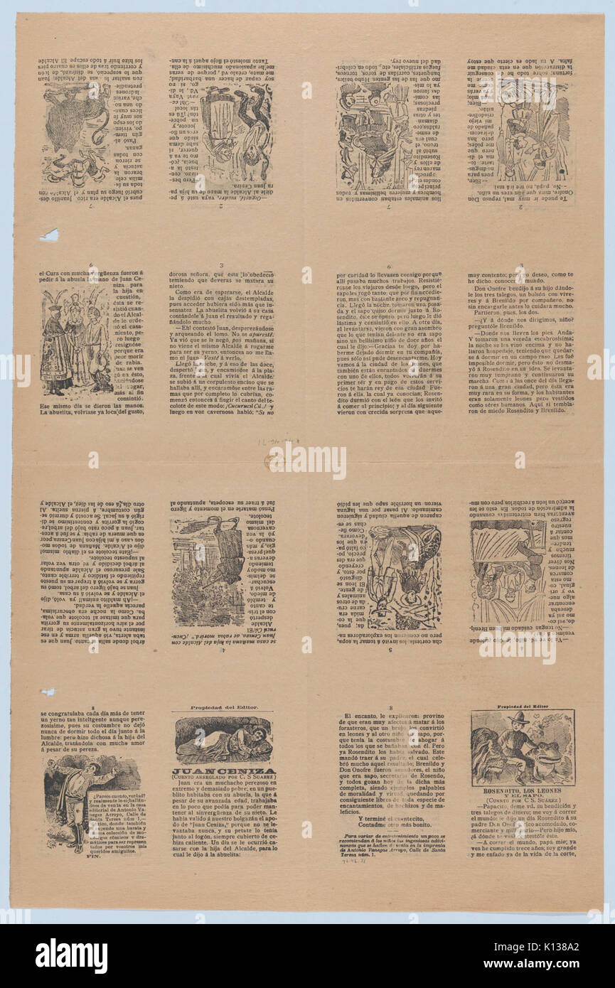 An uncut sheet printed on both sides with pages from 'Juan Ceniza' (cuento arreglado por C. S. Suarez) and 'Rosendito, los leones y el sapo' (cuento por C. S. Suarez) MET DP873189 Stock Photo