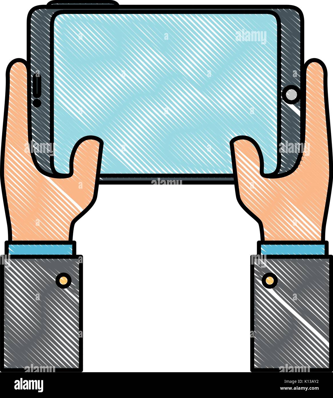 hand holding a smartphone device icon over white background vector ...