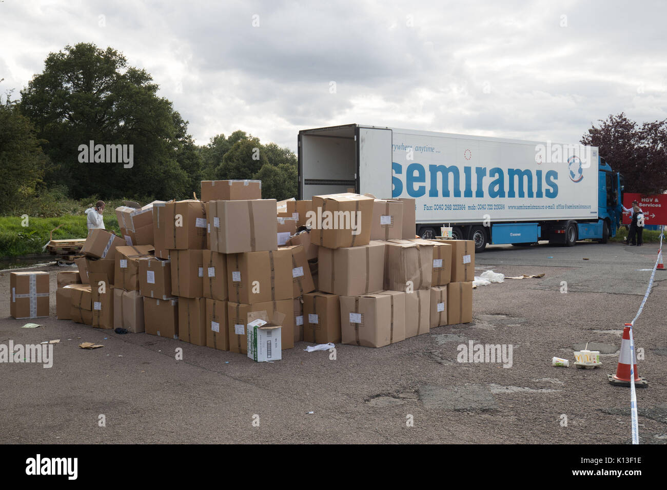 A general view of a lorry where 13 men and boys, including a 15-year-old, were discovered, at the Mangrove Service Station, on the A45 London Road, in Rugby, Warwickshire. Stock Photo