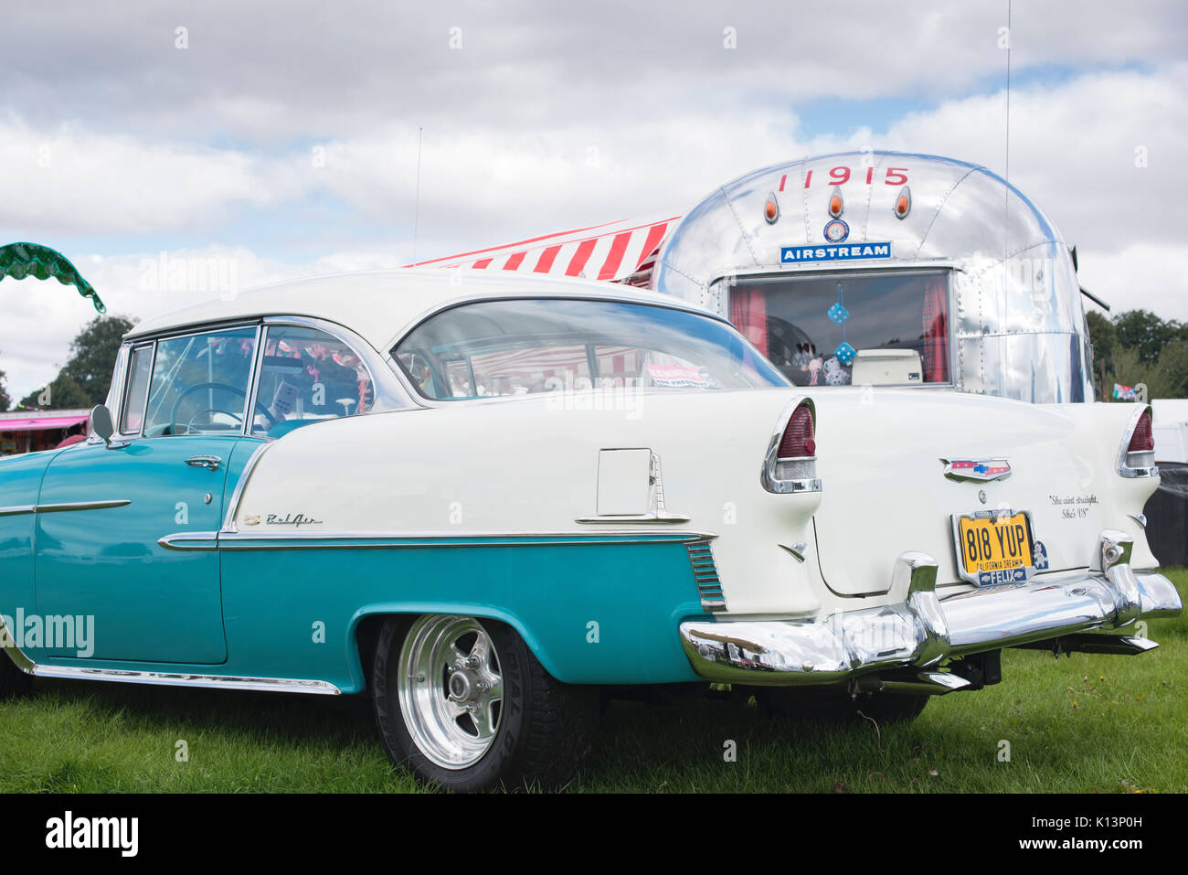 1955 Chevrolet Belair and an American airstream caravan at a vintage retro festival. UK Stock Photo