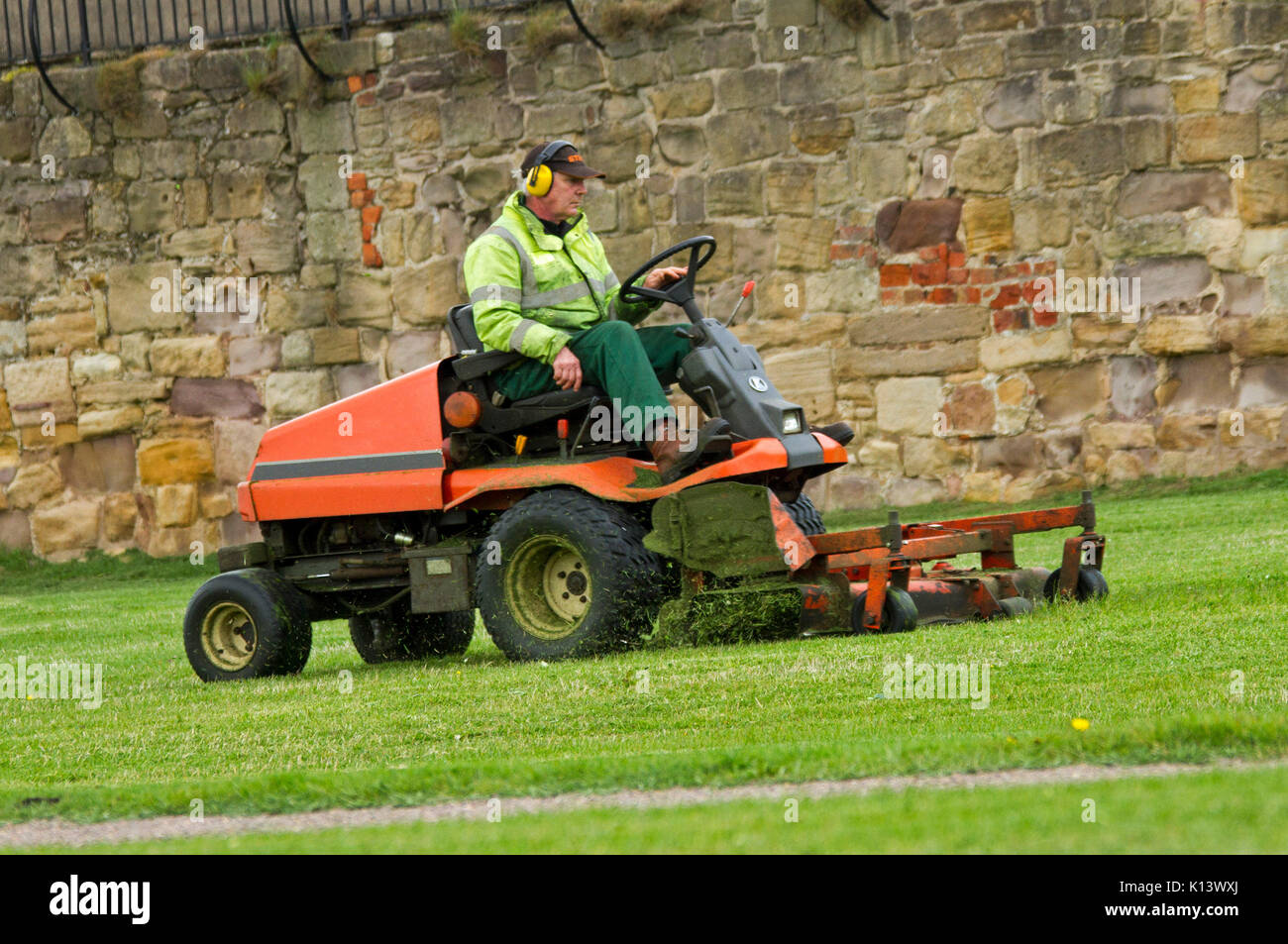 Man wearing high visibility clothing & ear protection using large ride-on mower to cut grass of lawn in public park Stock Photo