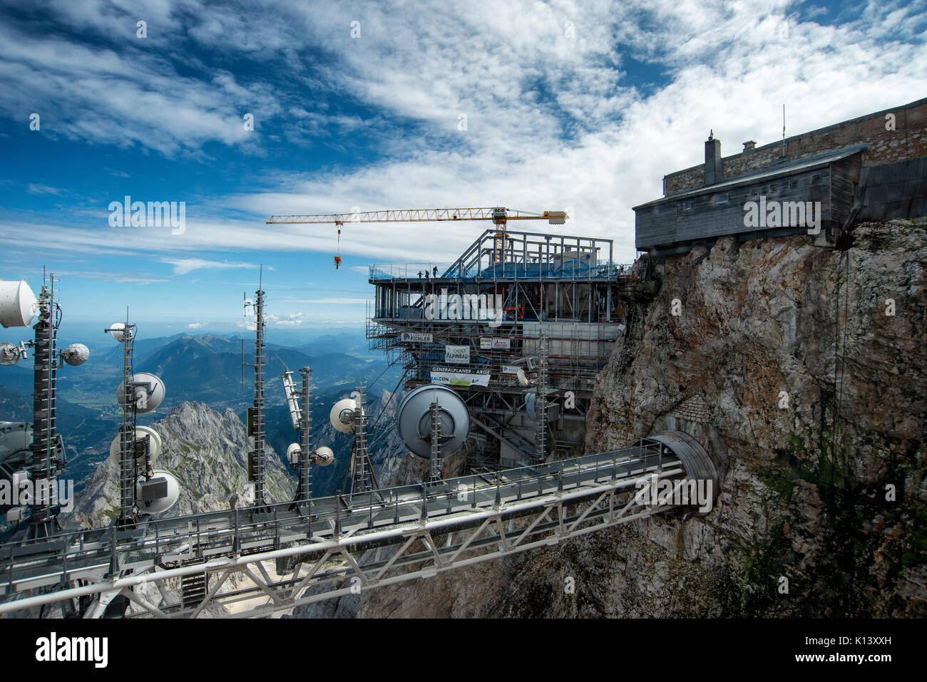 The construction of the new Seilbahn Cable Car on the summit of the Zugspitze mountain on the German and Austrian border. Stock Photo