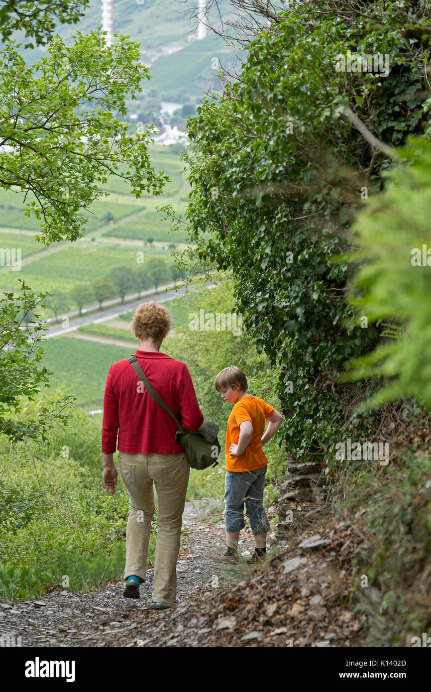 mother and son on fixed rope route, Uerzig, Moselle, Rhineland-Palatinate, Germany Stock Photo