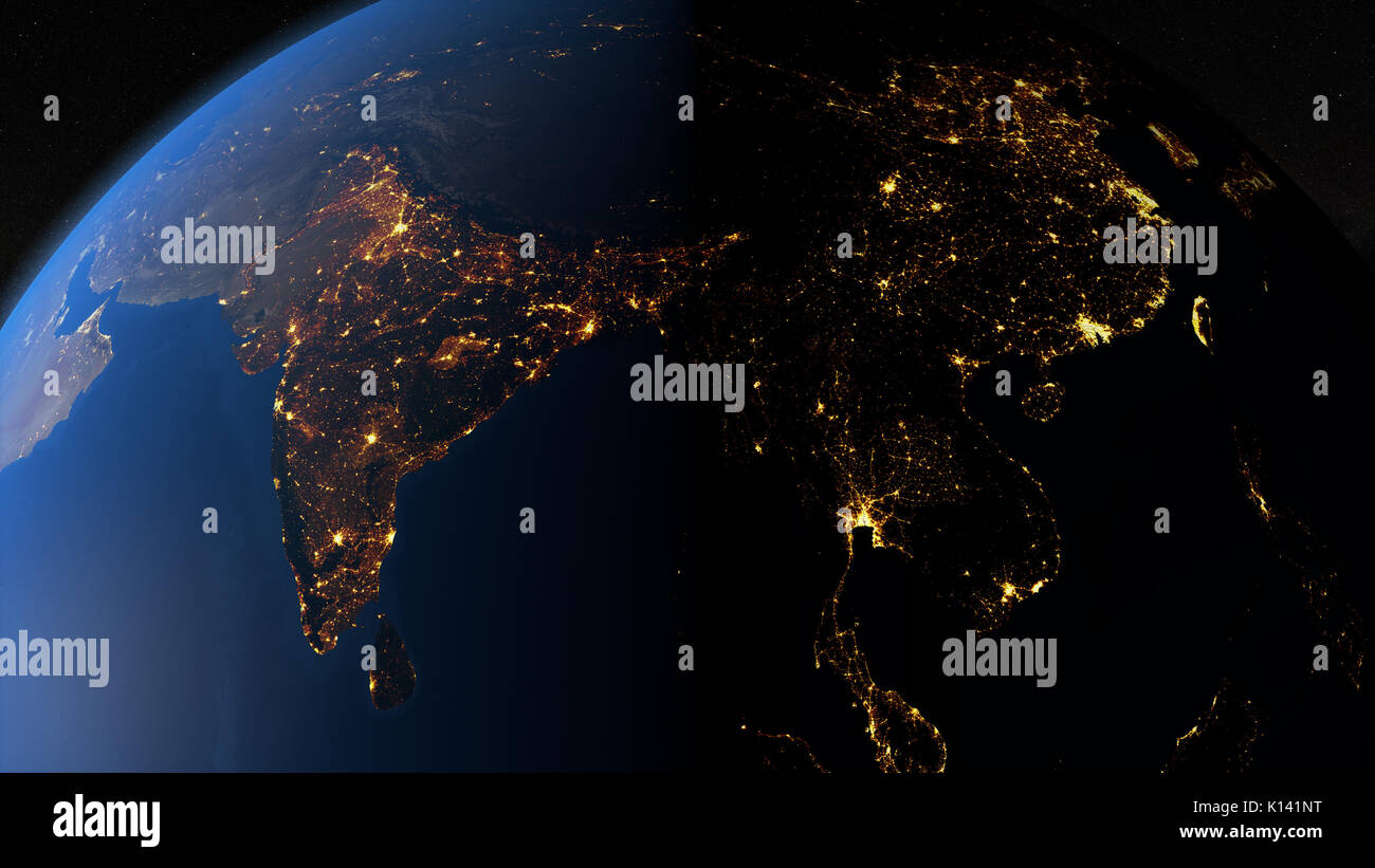India and China seen from space by night, with city lights.Elements of this image furnished by NASA. Stock Photo