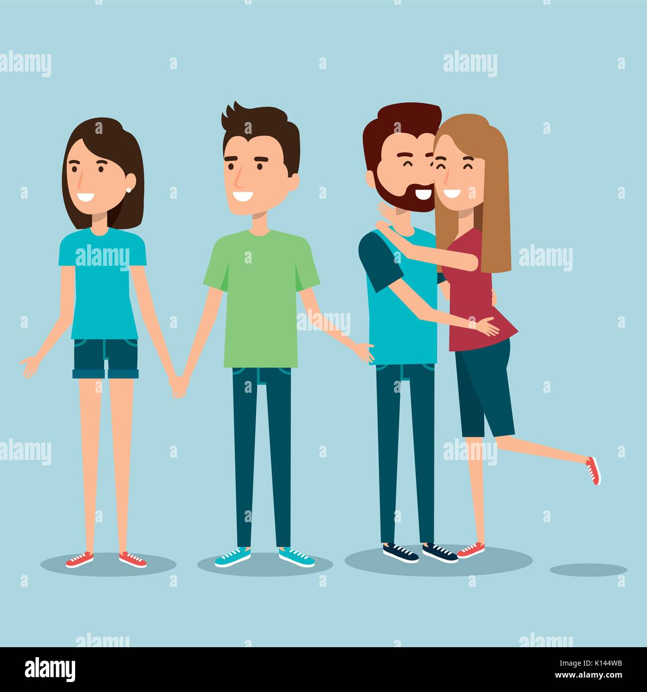 two couples of young people together cartoon style vector illustration ...