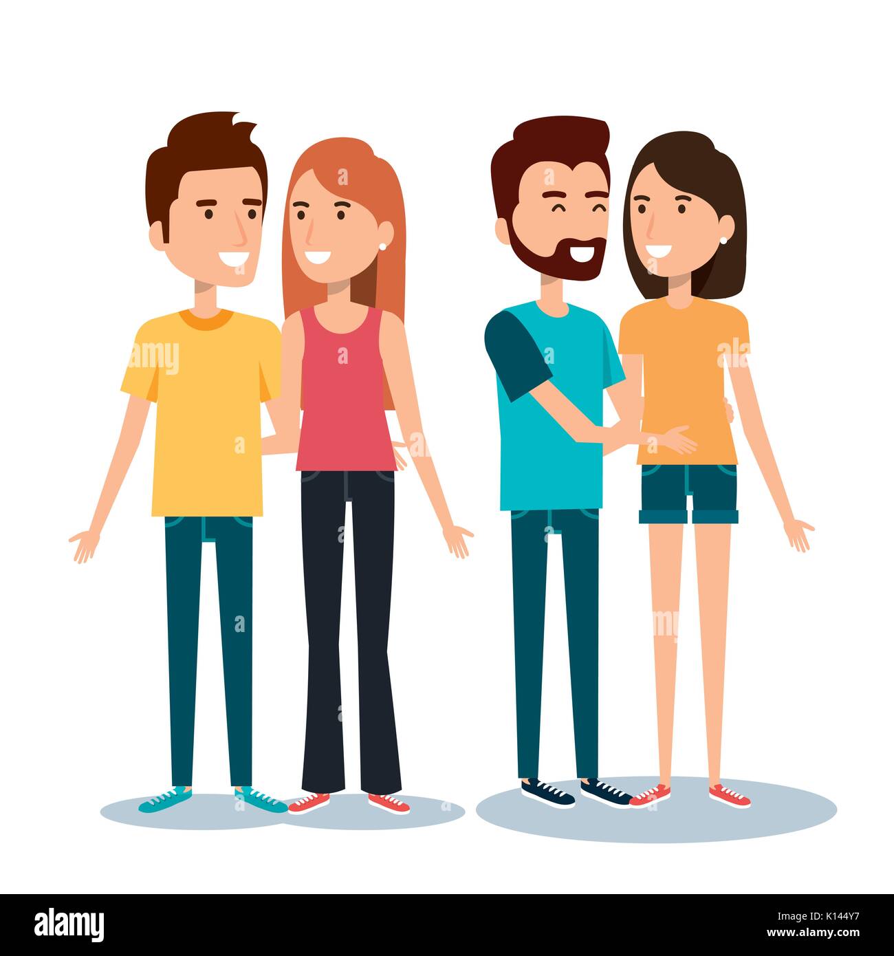 two couples of young people together cartoon style vector illustration ...