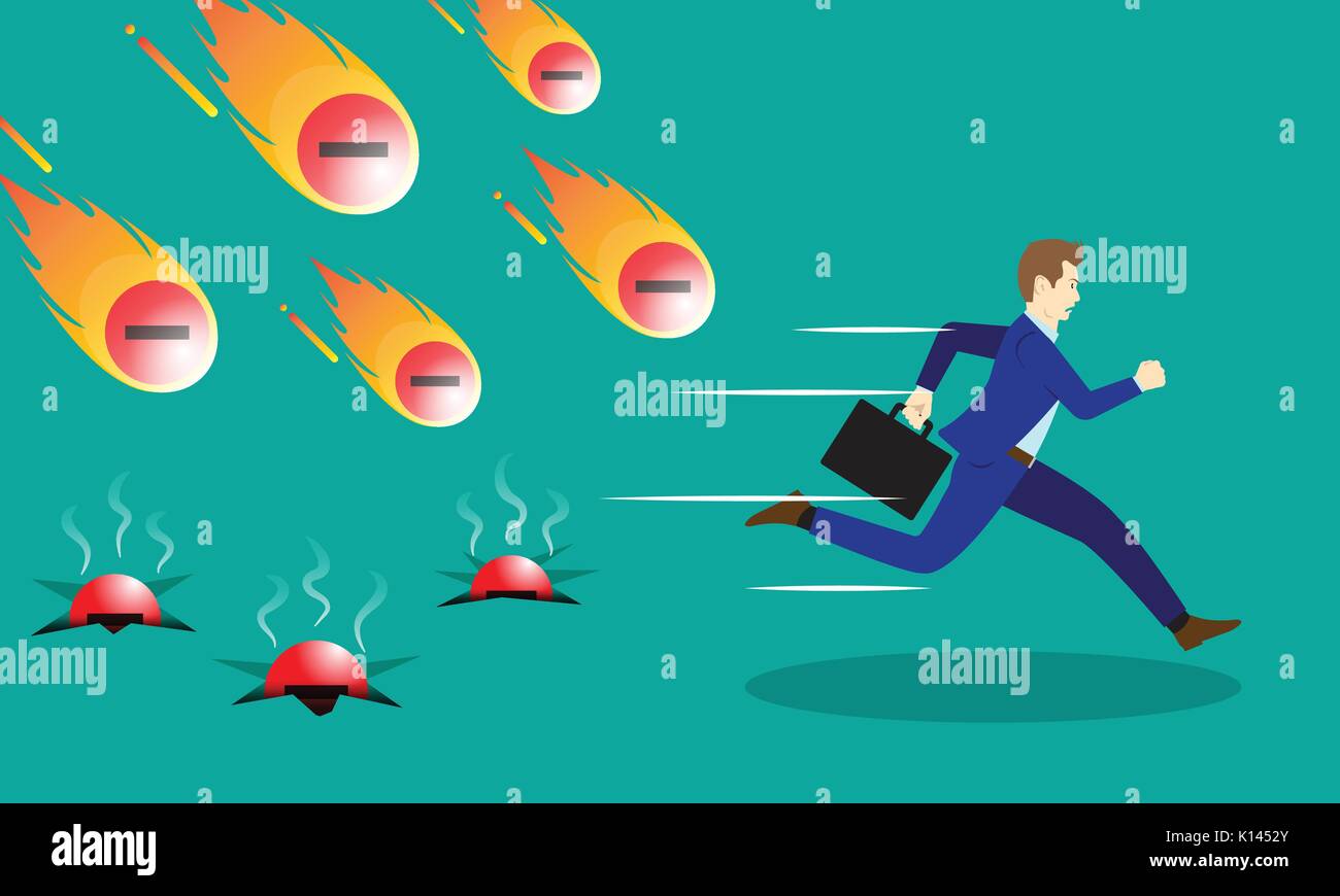 A Businessman Is Running Hurriedly From Falling Meteors/Comets Of Negativity With Fire. Three Of Them Already Hit The Ground With Smoke. Stock Vector