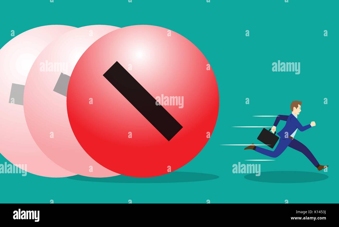A Businessman Is Running Hurriedly From Rolling Big Red Negativity Steel Ball In Forward Motion. He Tries To Avoid Much Quantity Of Negative Attitude. Stock Vector