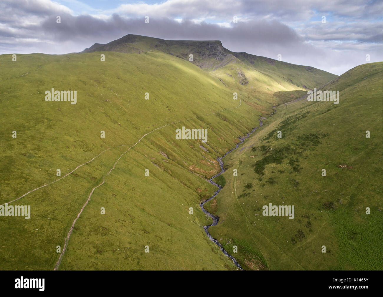 Glenderamackin River by drone, with Blencathra in the background. Stock Photo
