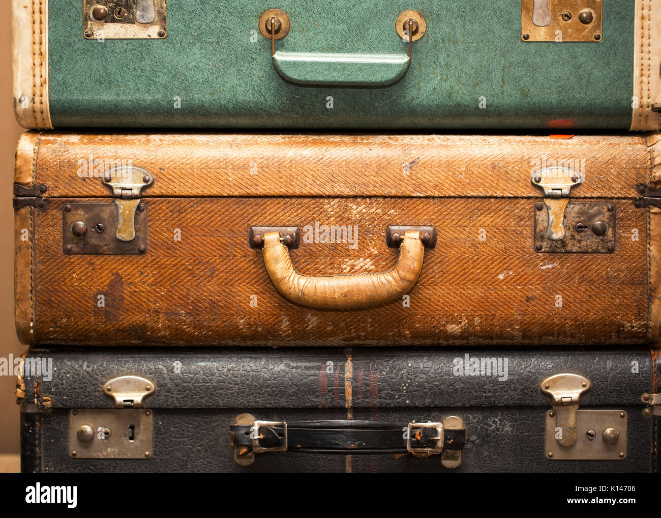 Vintage suitcases stacked together Stock Photo