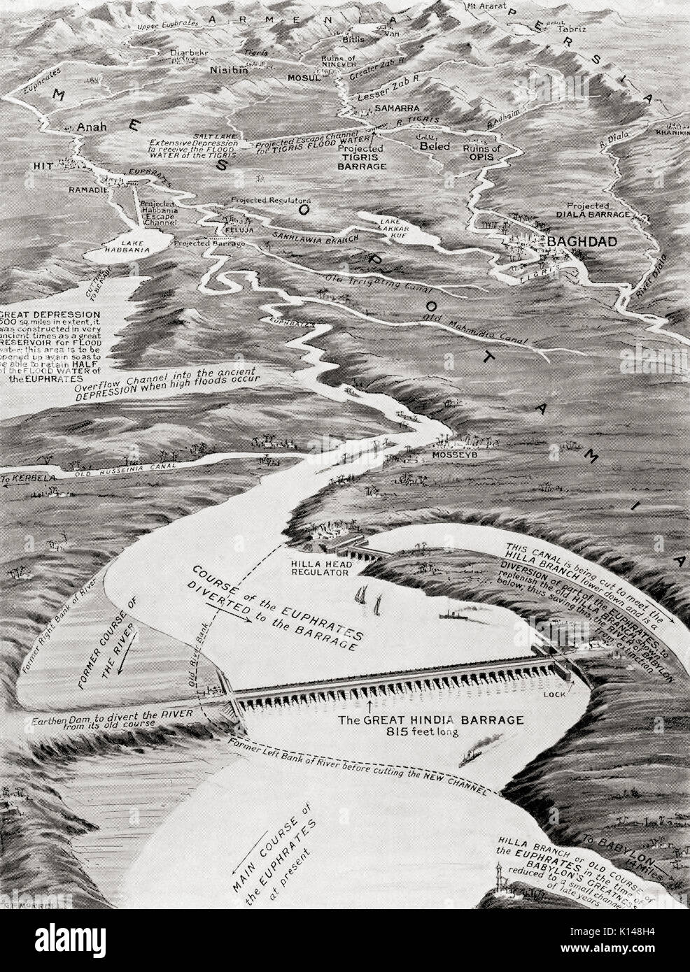 Bird's-eye view of Mesopotamia showing William Willcock's proposed scheme of irrigation.  In addition to the construction of the Hindia Barrage, it includes the suggestion of drawing the flood water of the Euphrates and the Tigris into two depressions which would act as natural reservoirs and prevent flooding.  From Hutchinson's History of the Nations, published 1915. Stock Photo