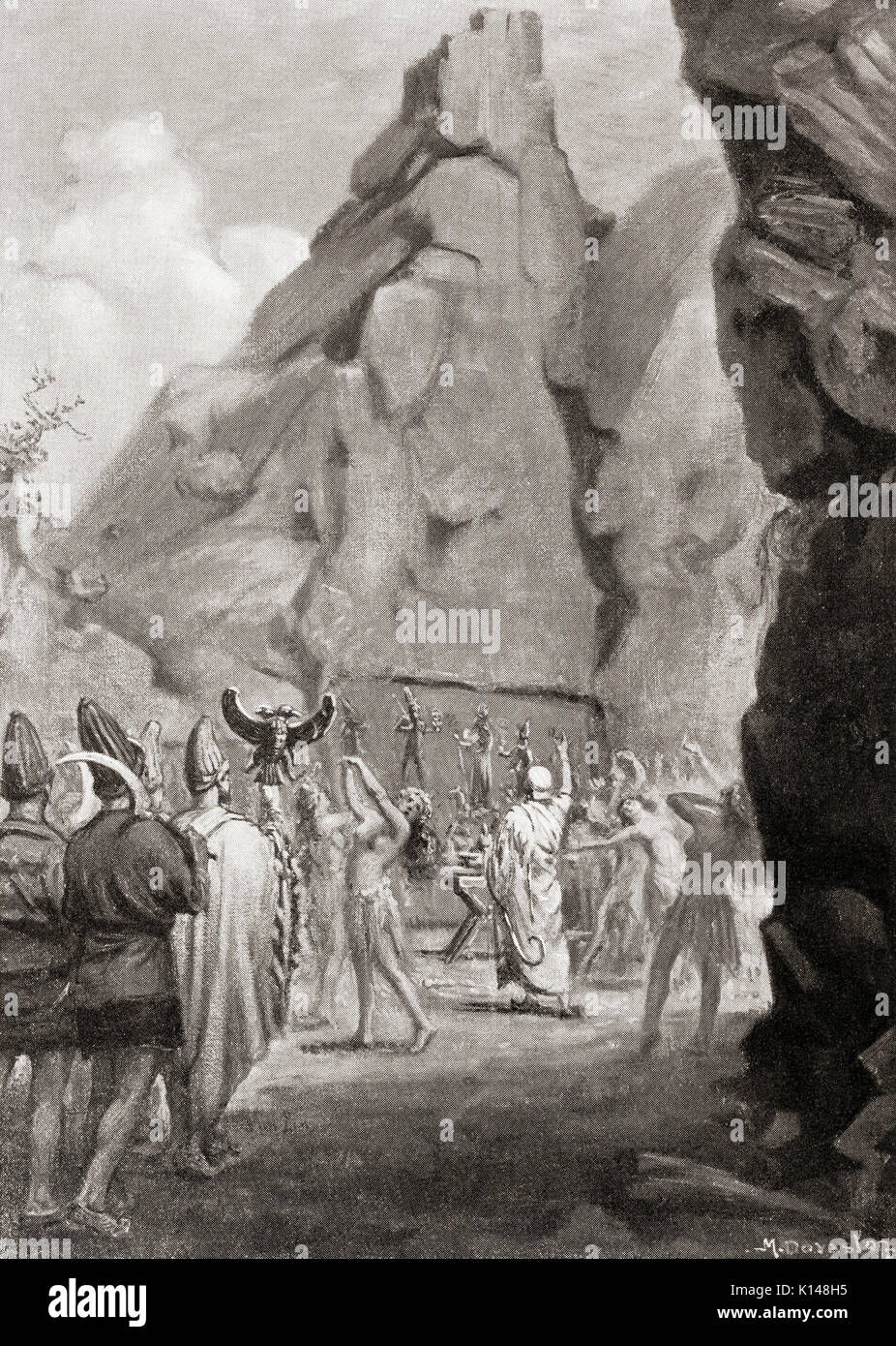 The celebration of a springtime festival with a cult dance to worship the Hittite Mother Goddess in the rock sanctuary at Yazılıkaya, Hattusa, the capital city of the Hittite Empire, today in the Çorum Province, Turkey.    After the painting by Margaret Dovaston (1884-1954).  From Hutchinson's History of the Nations, published 1915. Stock Photo