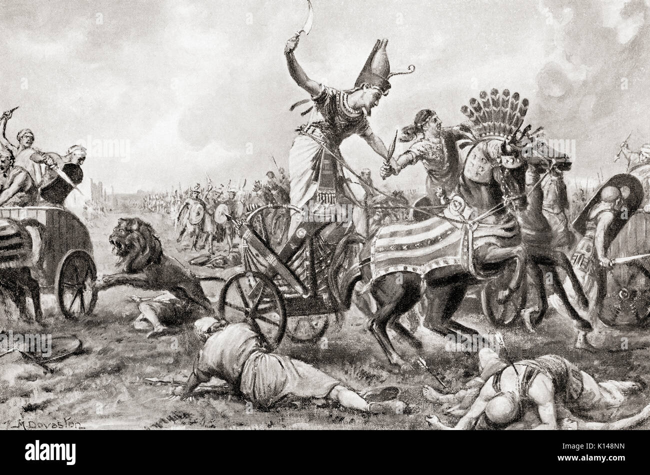 The Battle of Kadesh or Battle of Qadesh fought between the forces of the Egyptian Empire under Ramesses II and the Hittite Empire under Muwatalli II, c. 1257 BC.  After the painting by Margaret Dovaston (1884-1954).  From Hutchinson's History of the Nations, published 1915. Stock Photo