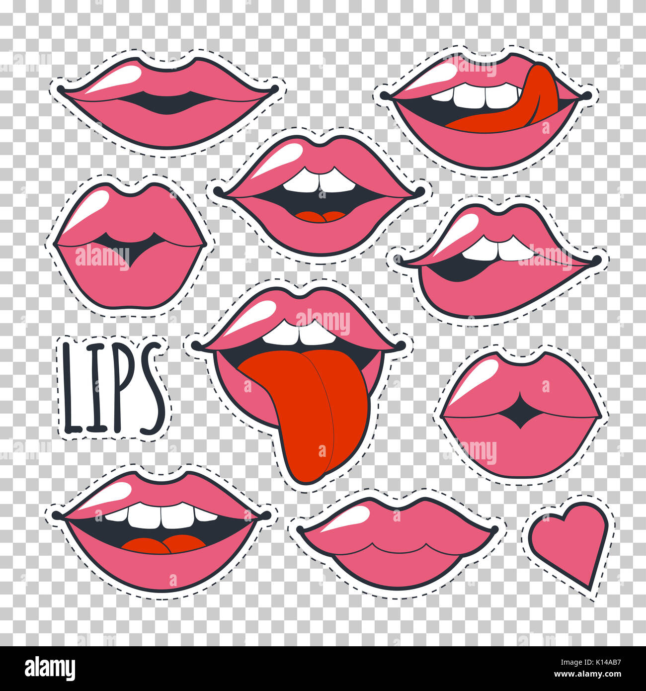 Set glamorous quirky icons. Bright pink makeup kiss mark. Passionate lips  in cartoon style of the 80 s and 90 s isolated on a transparent background  Stock Photo - Alamy