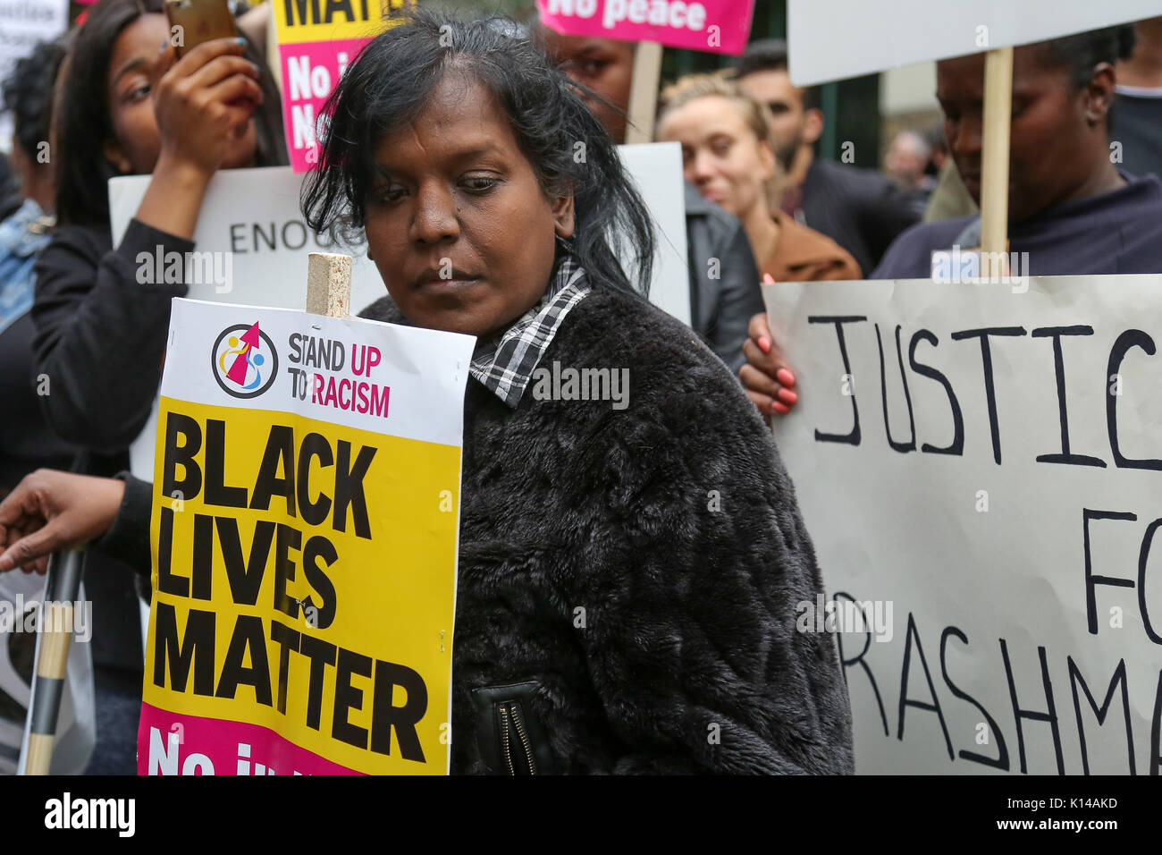 Campaigners hold a vigil outside Stoke Newington Police Station in Hackney, East London, demanding 'justice' for Rashan Charles who died after being chased by police officers in the early hours of 22 July  Featuring: Atmosphere Where: London, United Kingdom When: 24 Jul 2017 Credit: Dinendra Haria/WENN.com Stock Photo