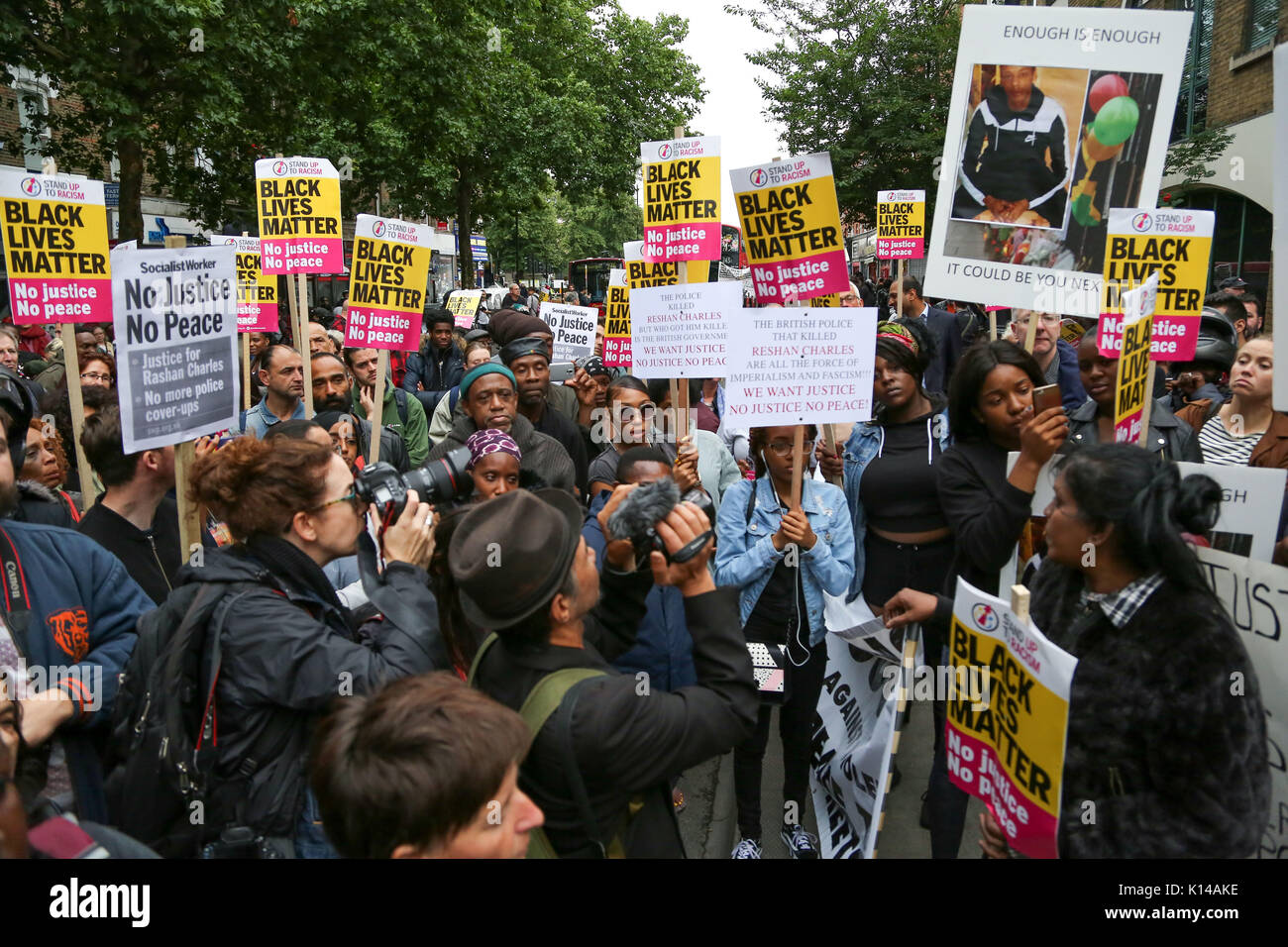 Campaigners hold a vigil outside Stoke Newington Police Station in Hackney, East London, demanding 'justice' for Rashan Charles who died after being chased by police officers in the early hours of 22 July  Featuring: Atmosphere Where: London, United Kingdom When: 24 Jul 2017 Credit: Dinendra Haria/WENN.com Stock Photo