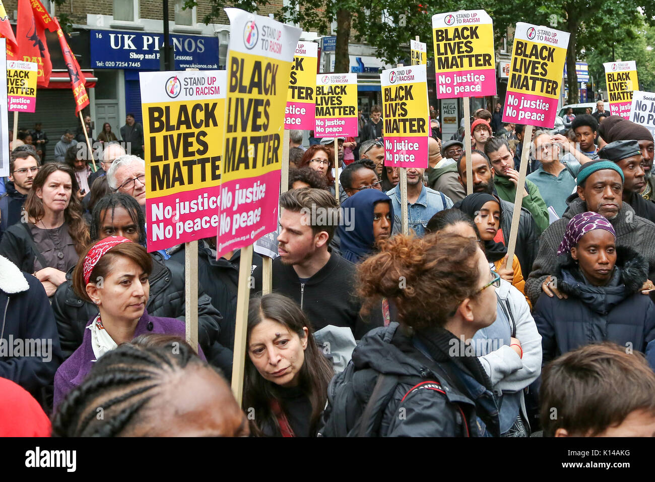 Campaigners hold a vigil outside Stoke Newington Police Station in Hackney, East London, demanding 'justice' for Rashan Charles who died after being chased by police officers in the early hours of 22 July  Featuring: Atmosphere Where: London, United Kingdom When: 24 Jul 2017 Credit: Dinendra Haria/WENN.com Stock Photo